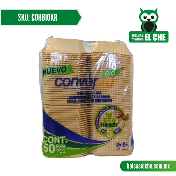 COD: COHBIOKR - CONTENEDOR BIODEGRADABLE PARA HAMBURGUESA - CONVERMEX - PAQ. 25 PZAS.