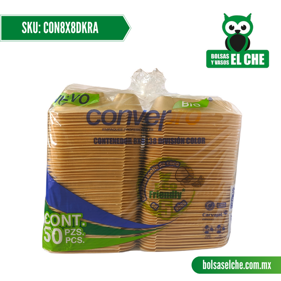 COD: CON8X8DKRA - CONTENEDOR BIODEGRADABLE CON DIVISION - MEDIDA 8CM X 8CM - MARCA CONVERMEX - PAQ. CON 50 PZAS.